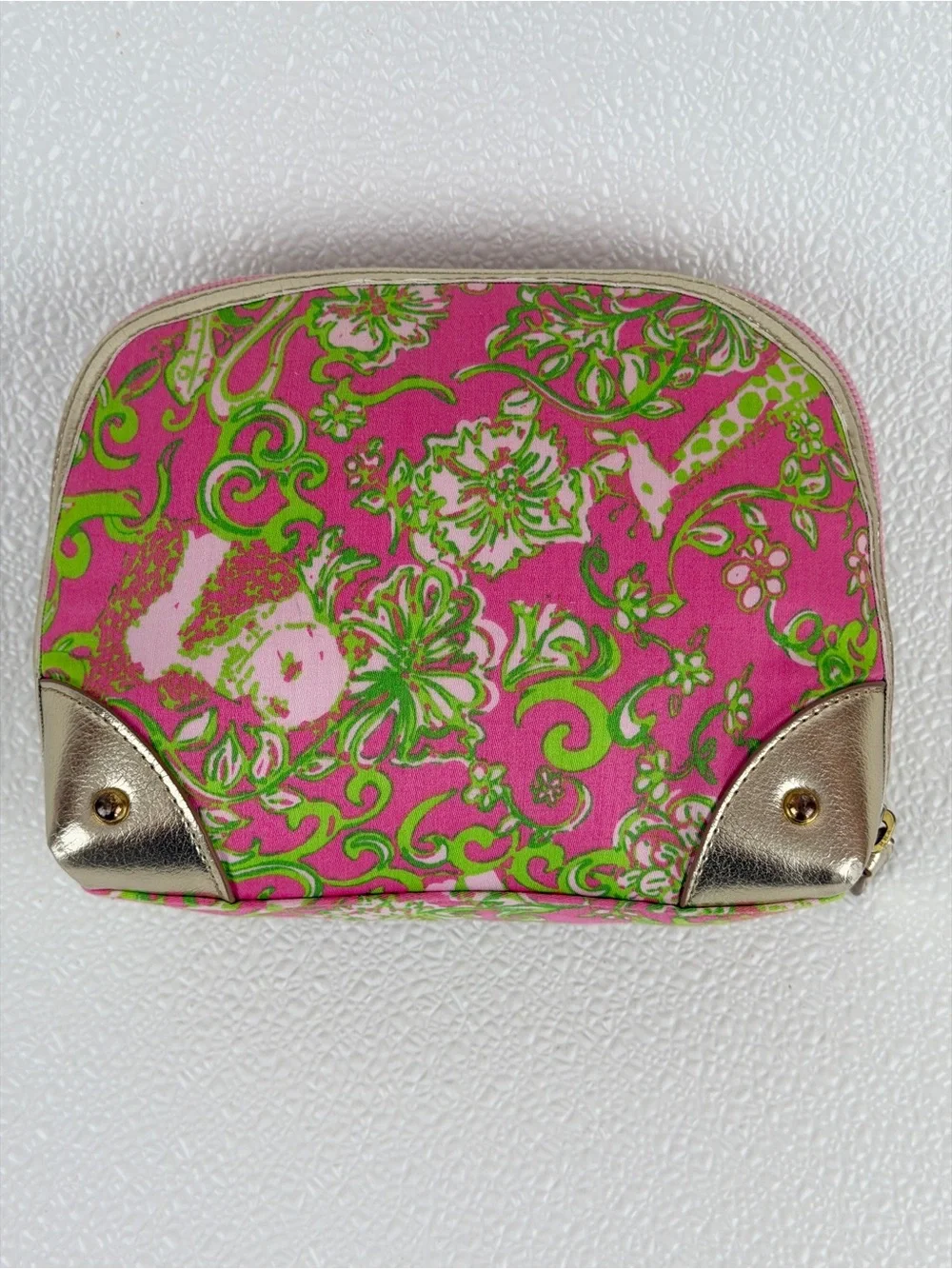 Lilly Pulitzer Pink Green Print Cosmetic Makeup Bag Zip Pouch Gold Tone Metallic
